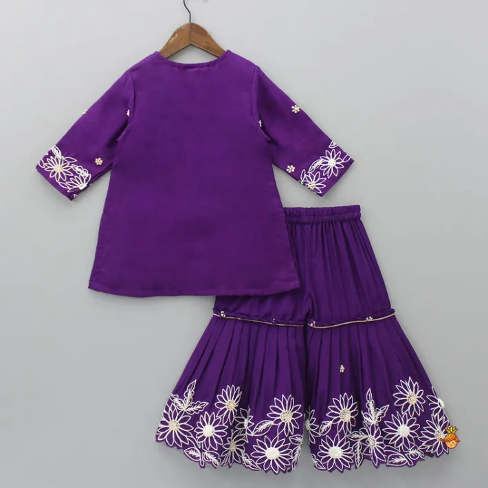 Discount Purple Front Placket Kurti And Pleated Sharara With Net Dupatta Ethnic Wear | Palazzos & Shararas