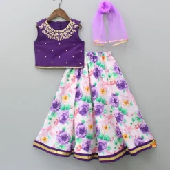 Hot Purple Gota Lace Embroidered Top With Floral Printed Lehenga And Dupatta Ethnic Wear | Lehengas & Ghagras