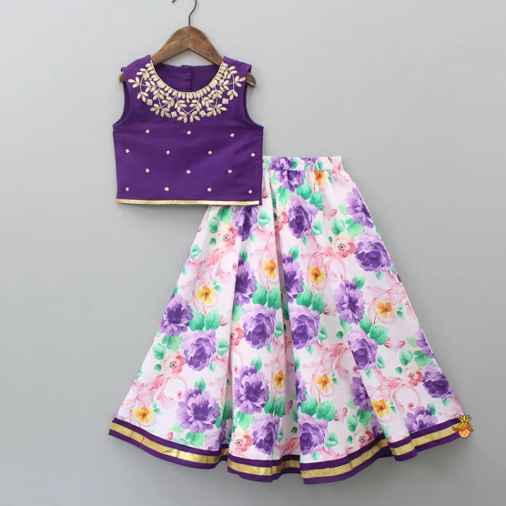 Hot Purple Gota Lace Embroidered Top With Floral Printed Lehenga And Dupatta Ethnic Wear | Lehengas & Ghagras