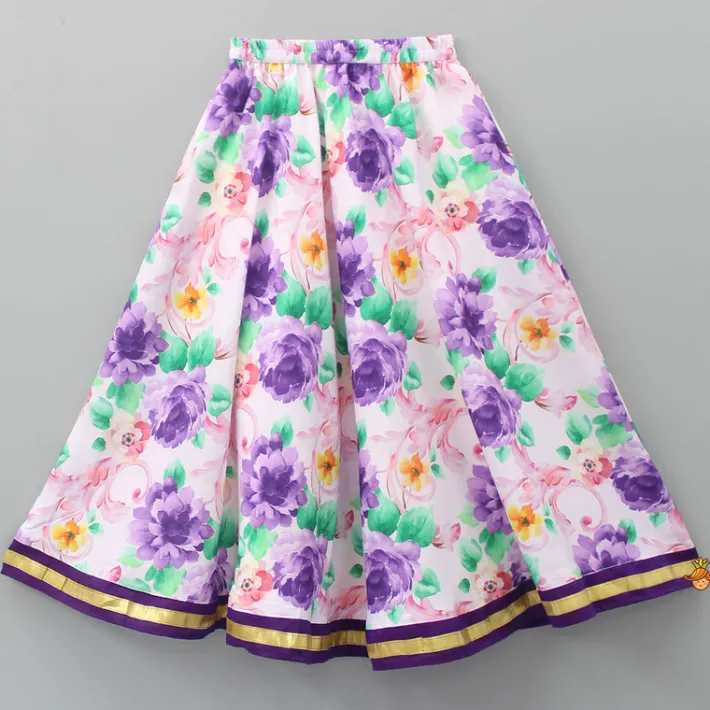 Hot Purple Gota Lace Embroidered Top With Floral Printed Lehenga And Dupatta Ethnic Wear | Lehengas & Ghagras