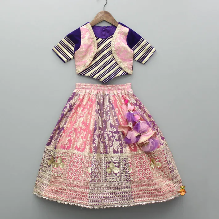 Clearance Purple Gota Work Top And Dual Tone Embroidered Lehenga With Dupatta Ethnic Wear | Lehengas & Ghagras