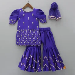 Sale Purple Hand Embroidered Kurti With Sharara And Net Dupatta Ethnic Wear | Palazzos & Shararas