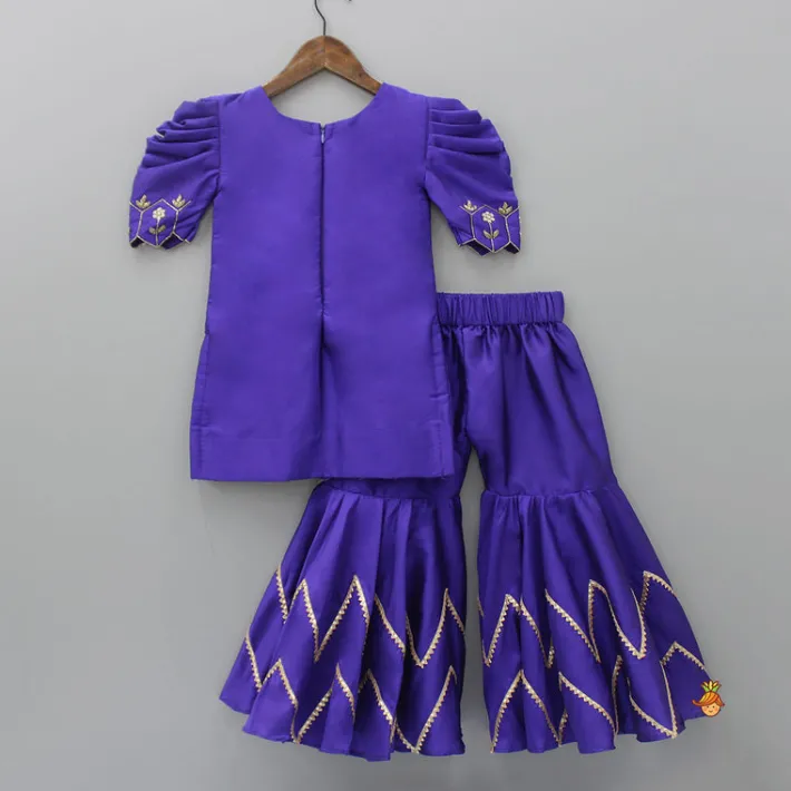 Sale Purple Hand Embroidered Kurti With Sharara And Net Dupatta Ethnic Wear | Palazzos & Shararas