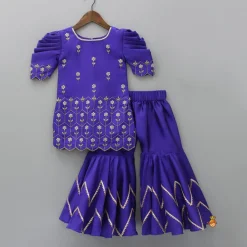 Sale Purple Hand Embroidered Kurti With Sharara And Net Dupatta Ethnic Wear | Palazzos & Shararas