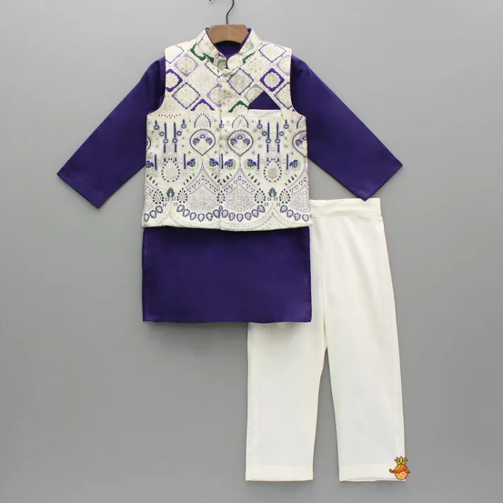 Fashion Purple Kurta And Brocade Jacket With Pant BOY Indian Ethnic Wear | Ethnic Sets