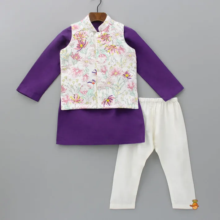 Clearance Purple Kurta And Floral Printed Jacket With Pyjama BOY Twinning Sets | Indian Ethnic Wear