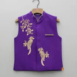 Sale Purple Kurta With Bird Embroidered Jacket And Pyjama BOY Indian Ethnic Wear | Ethnic Sets