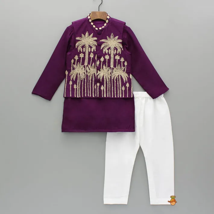 Best Purple Kurta With Embroidered Jacket And Pyjama BOY Indian Ethnic Wear | Ethnic Sets