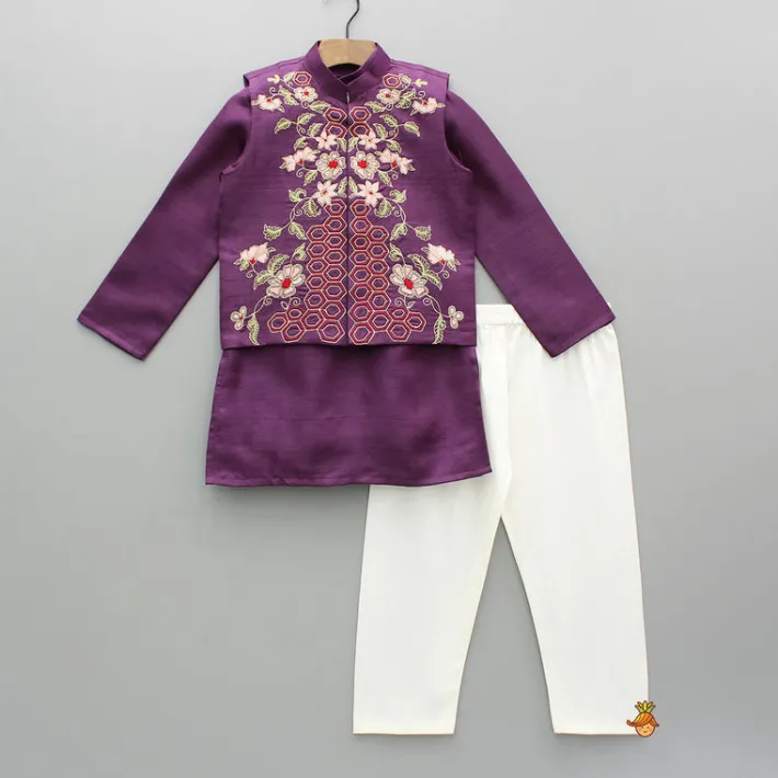 Best Purple Kurta With Embroidered Jacket And Pyjama BOY Indian Ethnic Wear | Ethnic Sets