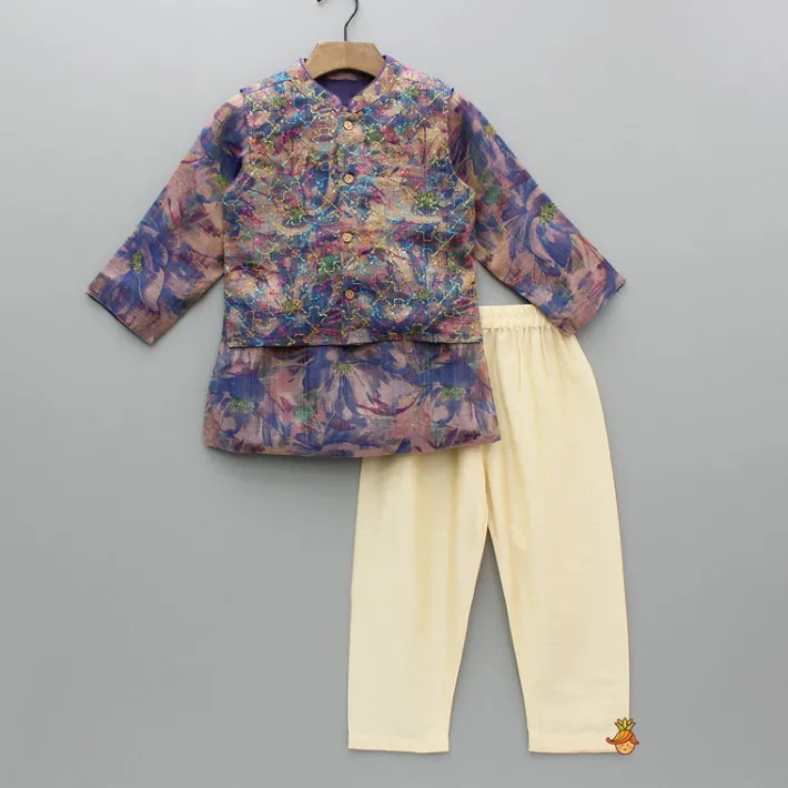 Sale Purple Multicolour Printed Kurta With Embroidered Jacket And Pyjama BOY Indian Ethnic Wear | Ethnic Sets