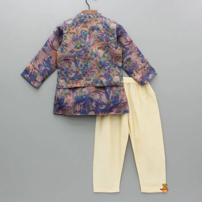 Sale Purple Multicolour Printed Kurta With Embroidered Jacket And Pyjama BOY Indian Ethnic Wear | Ethnic Sets