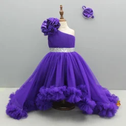 Hot Purple One Shoulder High Low Dress With Matching Head Band And Detachable Bow Dresses & Sets | Dresses
