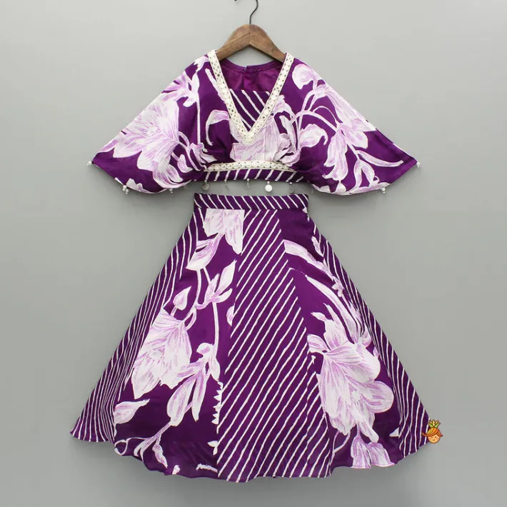 Hot Purple Stylish Printed Embellished Top And Flared Lehenga Ethnic Wear | Lehengas & Ghagras