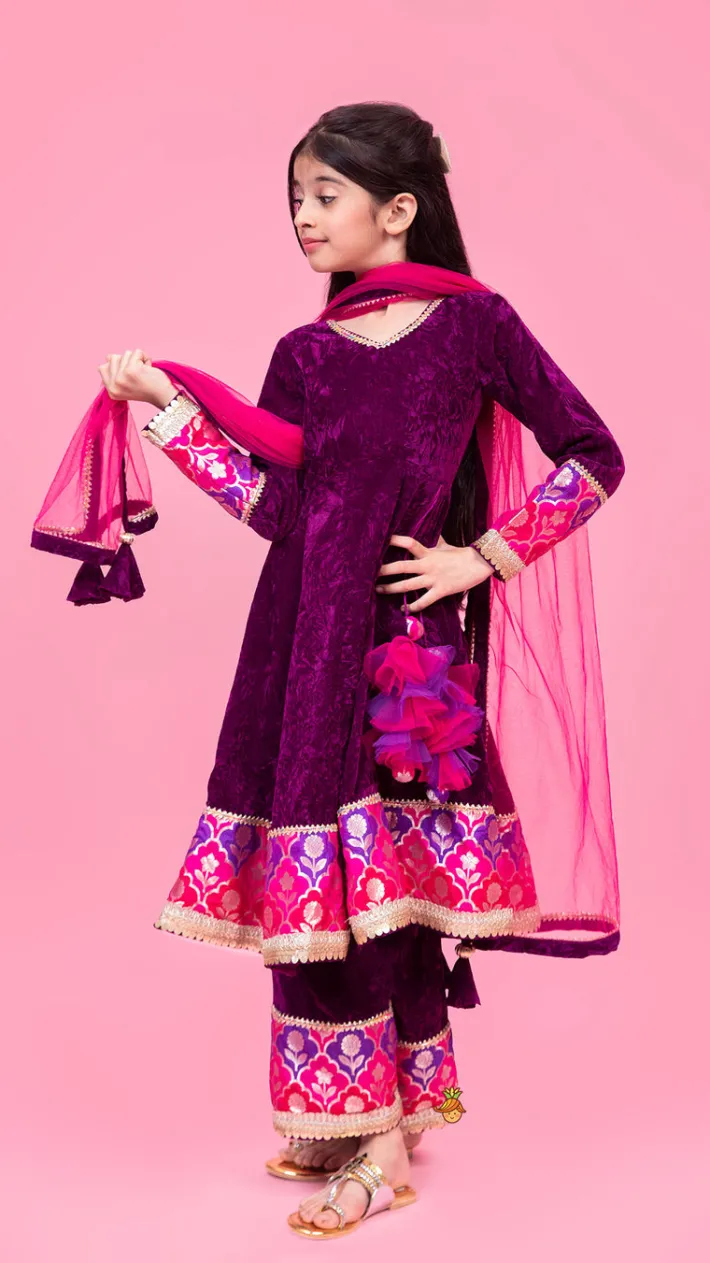 Online Purple Velvet Lace Detailed Kurti And Pant With Dupatta Ethnic Wear | Churidars & Salwars