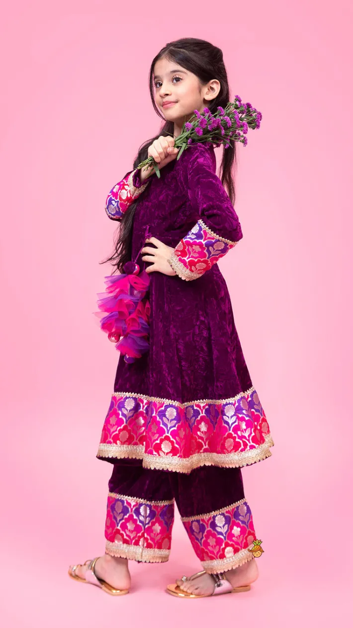 Online Purple Velvet Lace Detailed Kurti And Pant With Dupatta Ethnic Wear | Churidars & Salwars