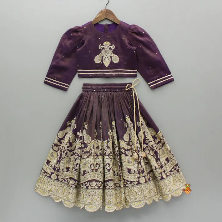 Sale Purple Yoke-Embroidered Shimmery Top And Lehenga With Dupatta Ethnic Wear | Lehengas & Ghagras
