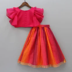 Fashion Raspberry Pink Organza Frilly Top With Colourful Shaded Lehenga Ethnic Wear | Lehengas & Ghagras