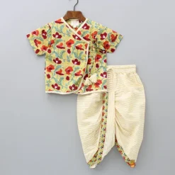 Fashion Red And Sage Green Hand Block Floral Printed Angarkha Style Kurta And Striped Dhoti BOY Indian Ethnic Wear | Ethnic Sets
