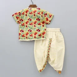 Fashion Red And Sage Green Hand Block Floral Printed Angarkha Style Kurta And Striped Dhoti BOY Indian Ethnic Wear | Ethnic Sets