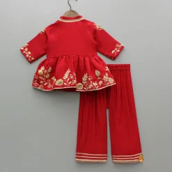Fashion Red Angarkha Style Embroidered Peplum Kurti And Pant Ethnic Wear | Churidars & Salwars