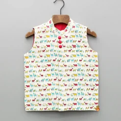 Fashion Red Buttons Adorned Printed Off White Jacket BOY Indian Ethnic Wear | Ethnic Jackets