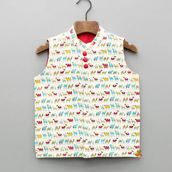 Fashion Red Buttons Adorned Printed Off White Jacket BOY Indian Ethnic Wear | Ethnic Jackets
