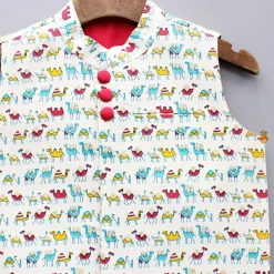 Fashion Red Buttons Adorned Printed Off White Jacket BOY Indian Ethnic Wear | Ethnic Jackets