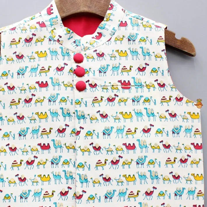 Fashion Red Buttons Adorned Printed Off White Jacket BOY Indian Ethnic Wear | Ethnic Jackets