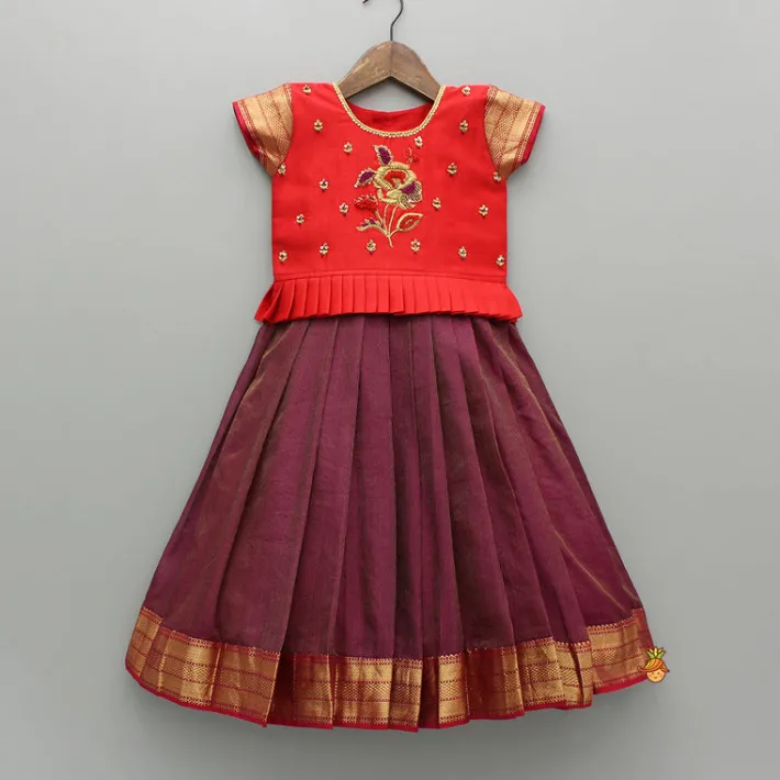 Hot Red Chanderi Embroidered Top And Maroon Pleated Lehenga With Attached Sleeveless Inner Ethnic Wear | Lehengas & Ghagras