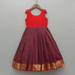 Hot Red Chanderi Embroidered Top And Maroon Pleated Lehenga With Attached Sleeveless Inner Ethnic Wear | Lehengas & Ghagras