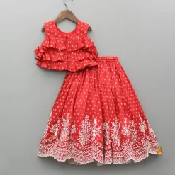 Best Red Chanderi Printed Ruffled Top And Embroidered Lehenga Ethnic Wear | Lehengas & Ghagras