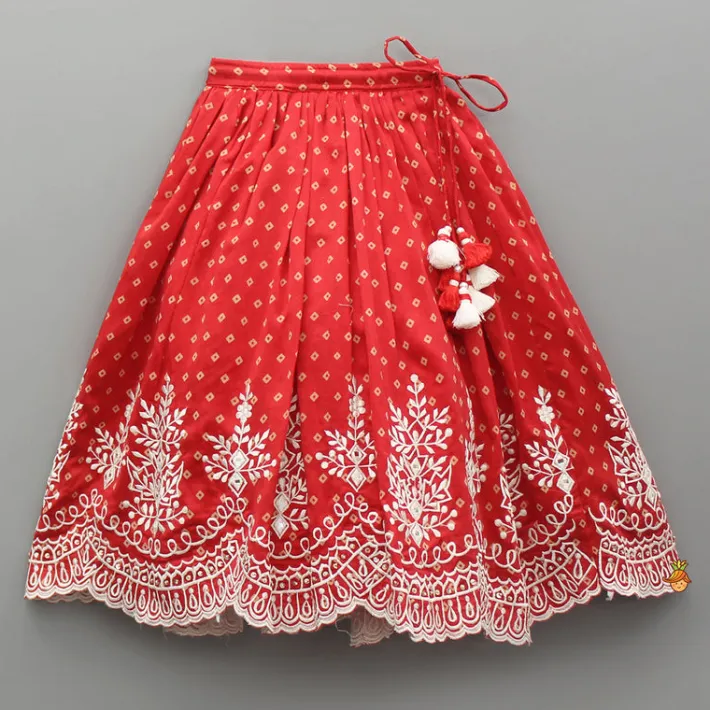Best Red Chanderi Printed Ruffled Top And Embroidered Lehenga Ethnic Wear | Lehengas & Ghagras