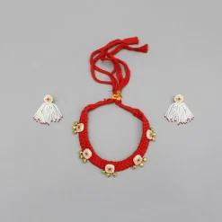 Discount Red Choker Necklace And Earrings With Elegant Embellishments Jewellery