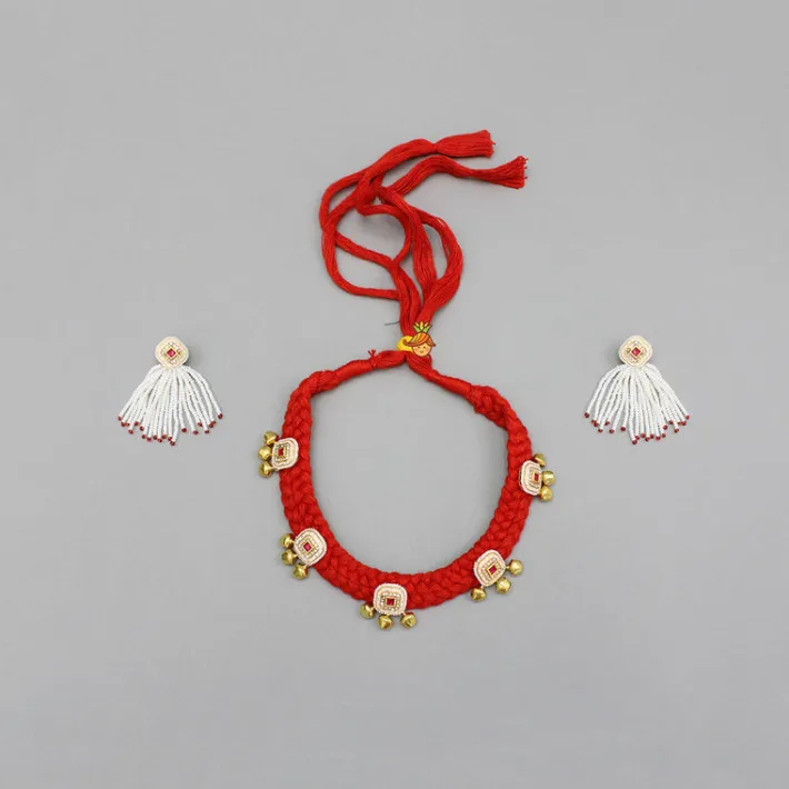 Discount Red Choker Necklace And Earrings With Elegant Embellishments Jewellery
