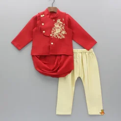 Sale Red Cowl Style Kurta And Beige Pyjama With Embroidered Jacket BOY Indian Ethnic Wear | Ethnic Sets