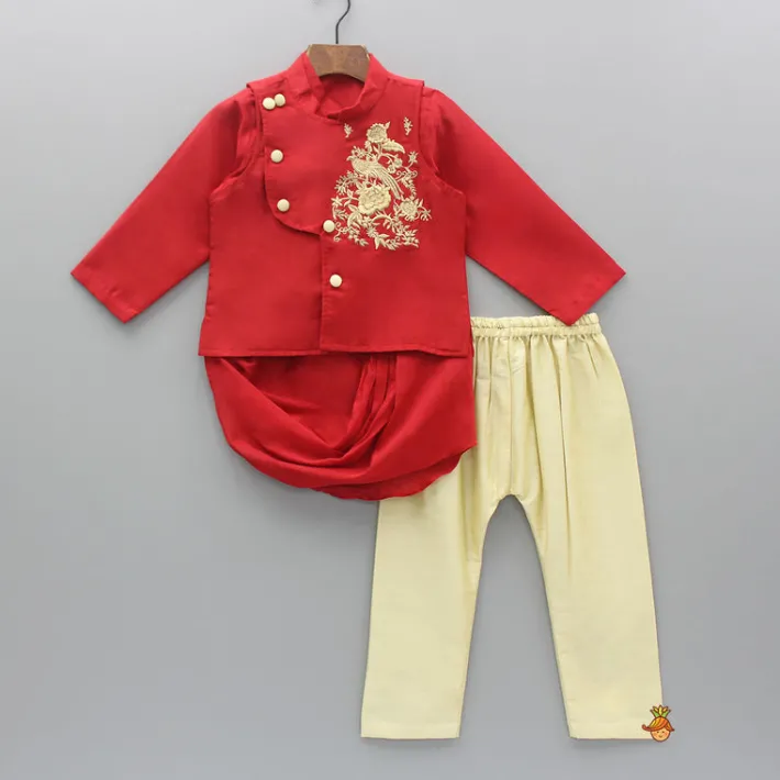 Sale Red Cowl Style Kurta And Beige Pyjama With Embroidered Jacket BOY Indian Ethnic Wear | Ethnic Sets