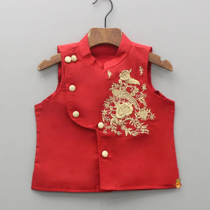 Sale Red Cowl Style Kurta And Beige Pyjama With Embroidered Jacket BOY Indian Ethnic Wear | Ethnic Sets