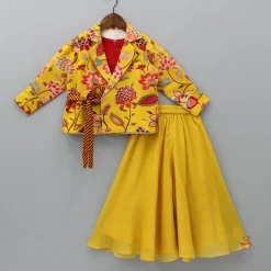 Outlet Red Crop Top With Notched Collar Jacket And Flared Palazzo Ethnic Wear | Palazzos & Shararas