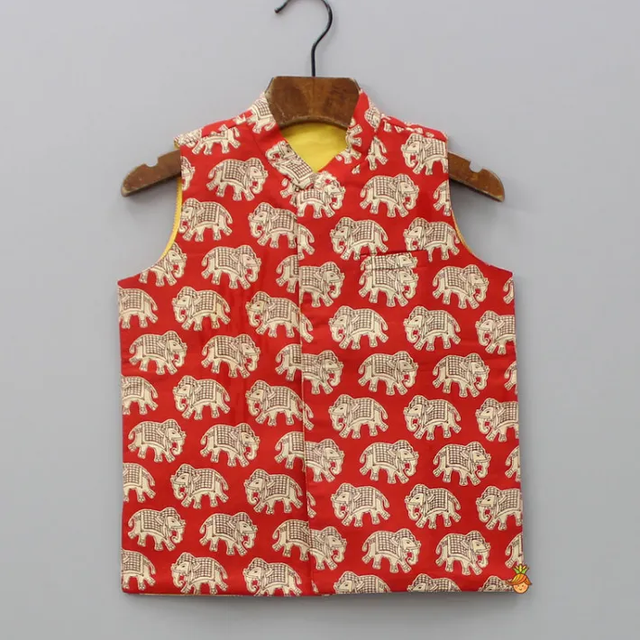 Clearance Red Elephant Printed Jacket BOY Indian Ethnic Wear | Ethnic Jackets