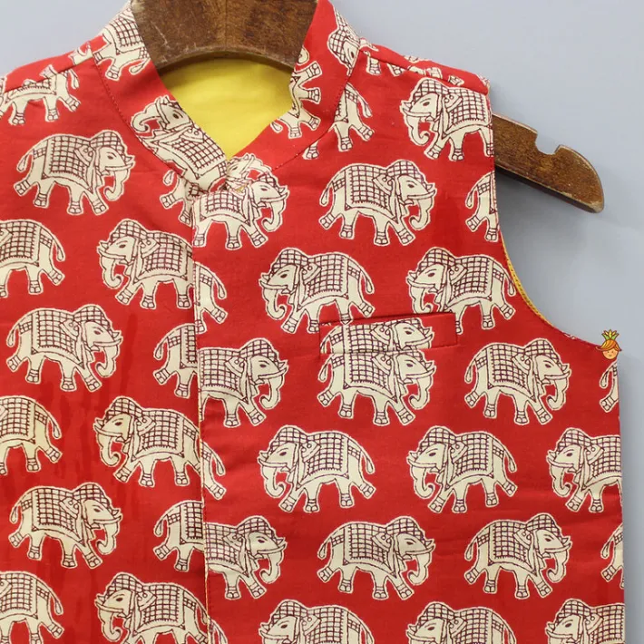 Clearance Red Elephant Printed Jacket BOY Indian Ethnic Wear | Ethnic Jackets