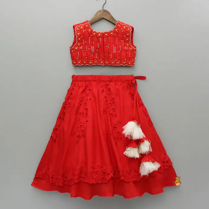Hot Red Embroidered Top And Cutwork Embroidered Lehenga Ethnic Wear | Lehengas & Ghagras