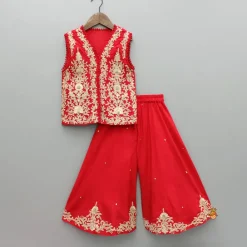 Fashion Red Embroidered Top And Palazzo Ethnic Wear | Palazzos & Shararas