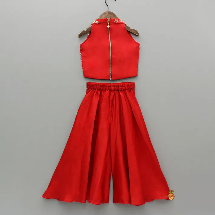 Best Red Embroidred Halter Neck Top With Flared Palazzo Ethnic Wear | Palazzos & Shararas
