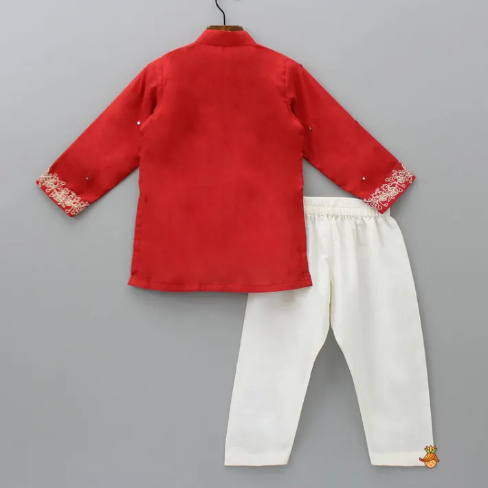 Outlet Red Faux Mirror Work Kurta With Pyjama BOY Indian Ethnic Wear | Ethnic Sets