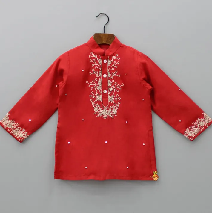Outlet Red Faux Mirror Work Kurta With Pyjama BOY Indian Ethnic Wear | Ethnic Sets