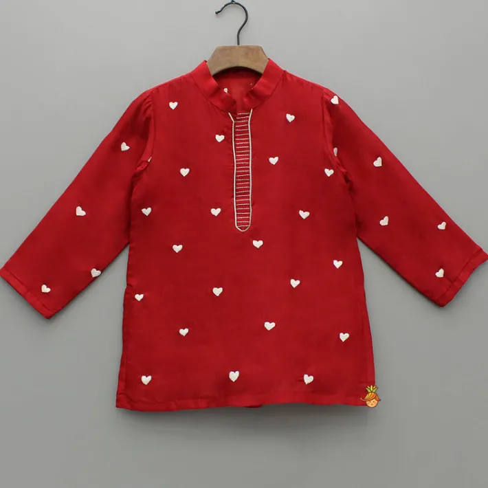 Fashion Red Heart Embroidered Kurta And Pyjama BOY Indian Ethnic Wear | Ethnic Sets