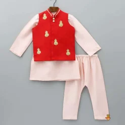 Discount Red Jacket With Gota Work Patch And Kurta With Pyjama BOY Indian Ethnic Wear | Ethnic Sets