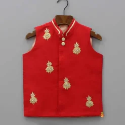 Discount Red Jacket With Gota Work Patch And Kurta With Pyjama BOY Indian Ethnic Wear | Ethnic Sets