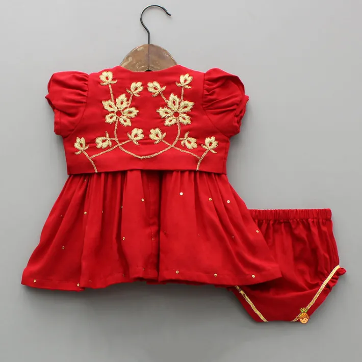 Online Red Jamna With Embroidered Jacket Set Ethnic Wear | Kurtis & Jumpsuits