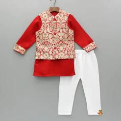 Best Red Kurta With Brocade Jacket And Pyjama BOY Indian Ethnic Wear | Ethnic Sets